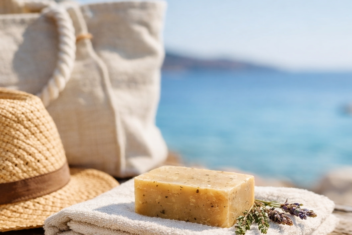Savon solide Peau de Miel sur une serviette, avec brins de lavande et de thym, ambiance vacances