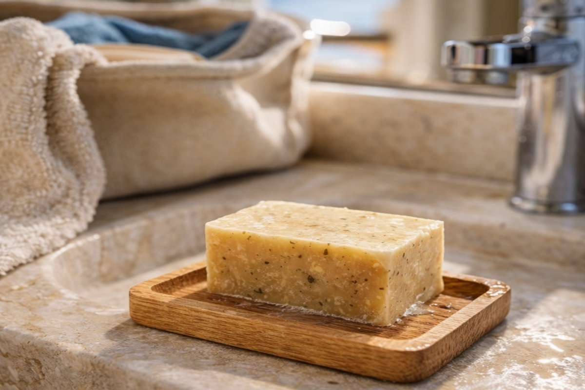 Savon solide posé dans une salle de bain de vacances , à côté d’une serviette et d’un sac de toilette